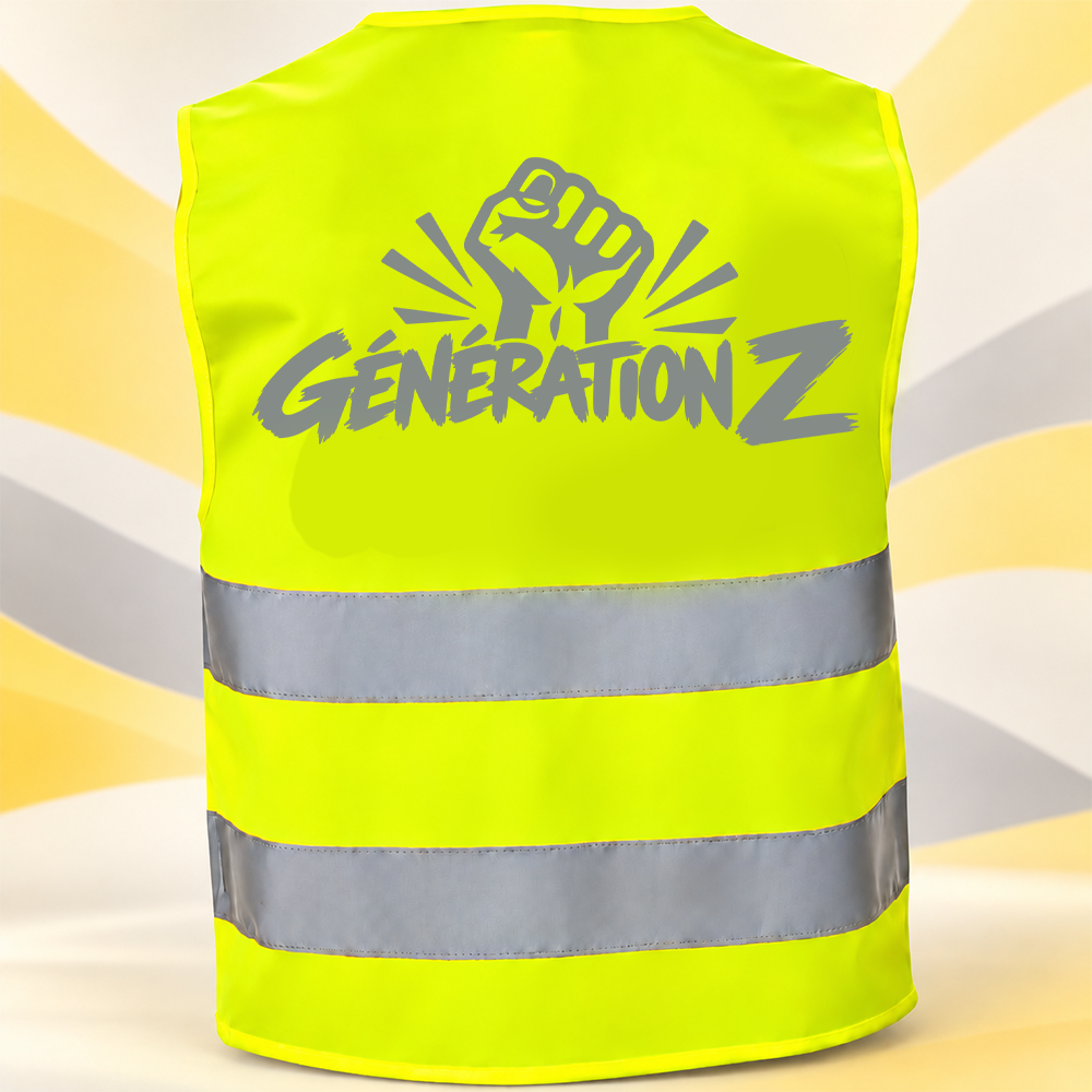 Gilet jaune fluo avec poing levé et inscription GENERATION Z, blocus contre l’éducation, 17/10/26.