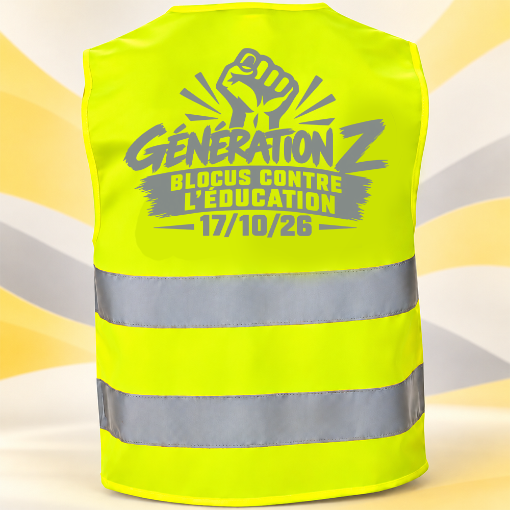 Gilet jaune fluo avec le design GENERATION Z et la date du 17 octobre imprimés au dos.