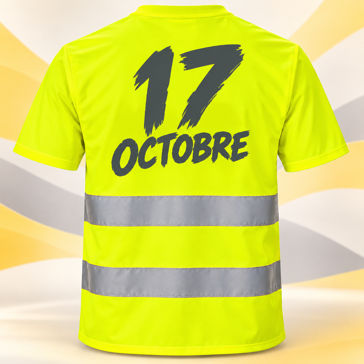 Gilet jaune fluo avec inscription OCTOBRE 17 en grand format au dos.