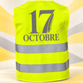 Gilet jaune fluo avec le design 17 OCTOBRE imprimé au dos.
