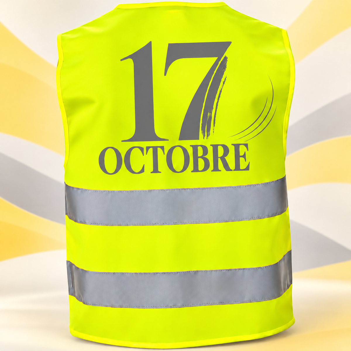 Gilet jaune fluo avec le design 17 OCTOBRE imprimé au dos.